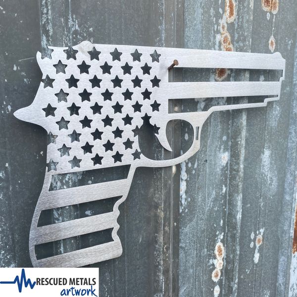Pistol Gun Flag Metal Wall Art Sign & Gift Decor